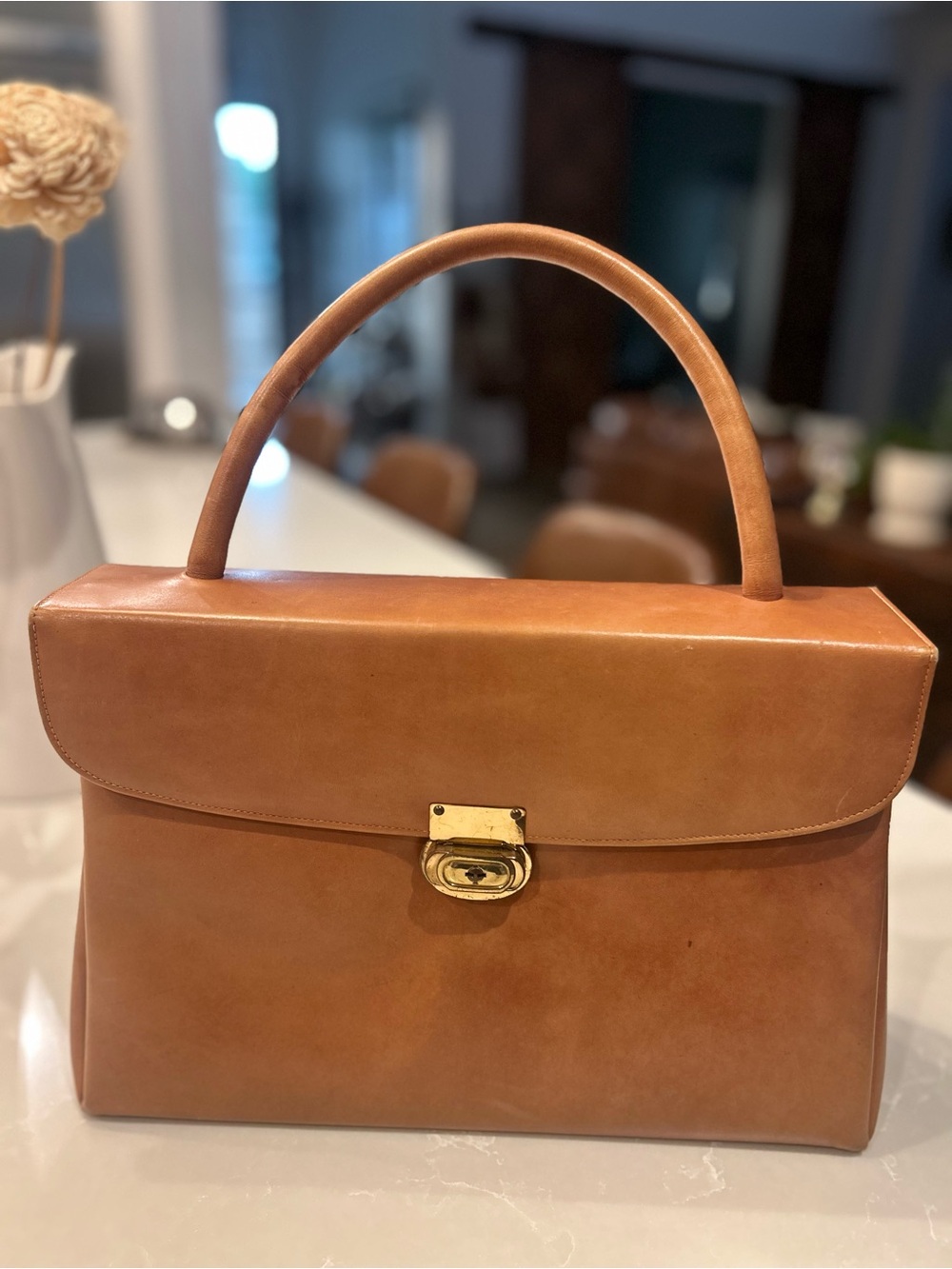 Vintage 60s La Popular Structured Leather Top Handle Bag Kelly Style